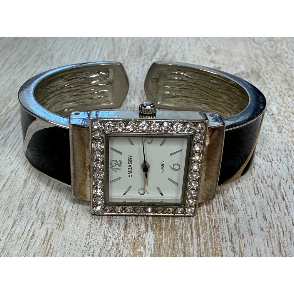 Embassy Rhinestone Cuff Watch Black Enamel Silver Tone Y2K Retro Glam Untested